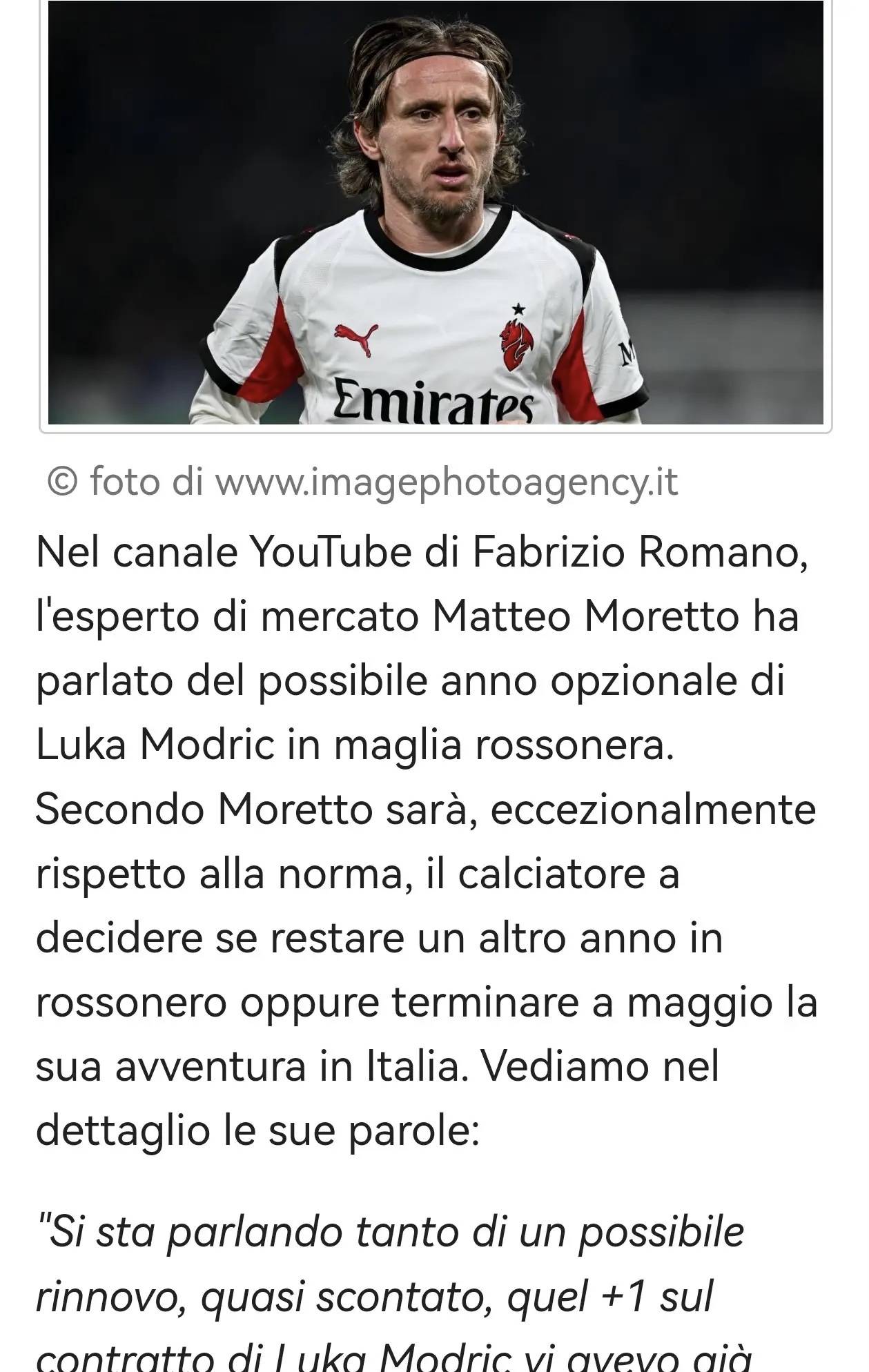 意甲媒体透露：米兰与莫德里奇續(xù)约的(de)决定(dìng)权在莫德里奇，目(mù)前(qián)沙特卡塔尔那边對(duì)他都有興(xìng)趣